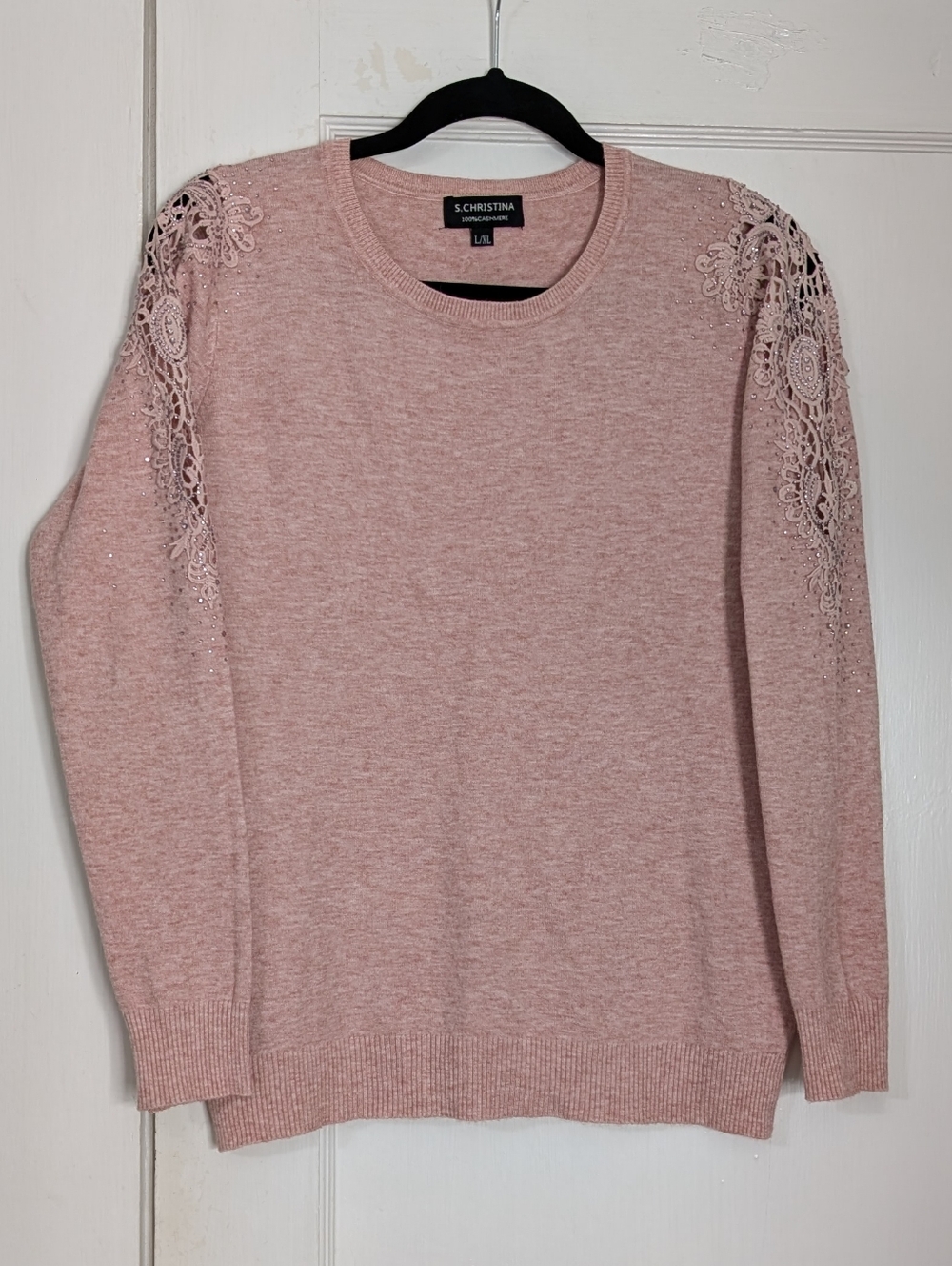 S. Christina Women’s 100% Cashmere Sweater Pink Lace Rhinestone Shoulder L/XL